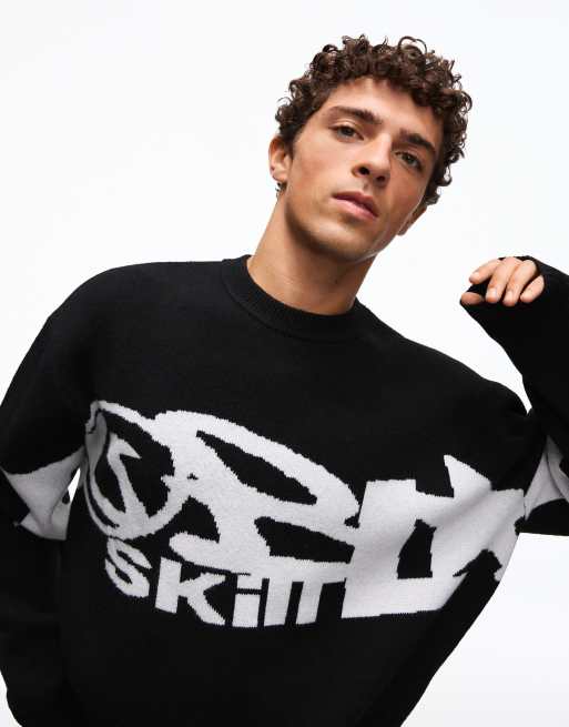 Bershka Graphic jacquard jumper in black, 2 of 5