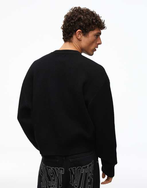 Bershka Graphic jacquard jumper in black, 3 of 5