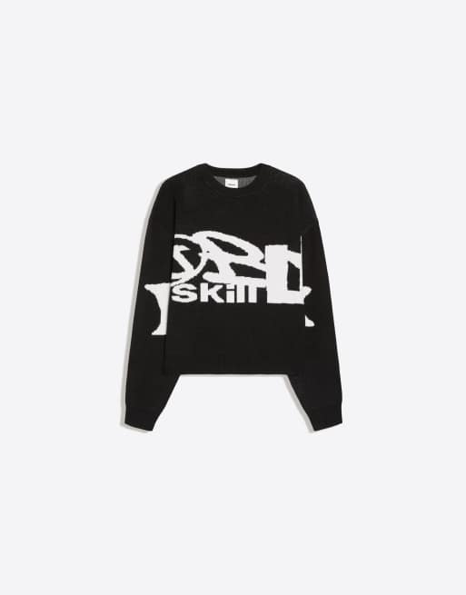 Bershka Graphic jacquard jumper in black, 5 of 5