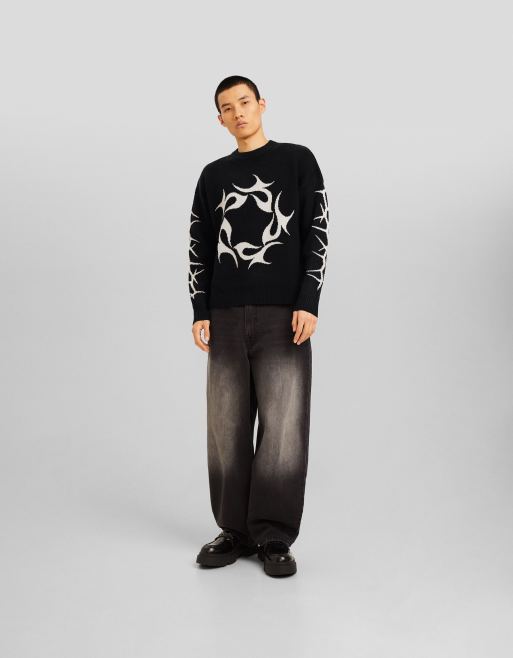 Bershka graphic knitted sweater in black | ASOS