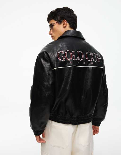 Bershka Graphic leather effect jacket in black, 2 of 4