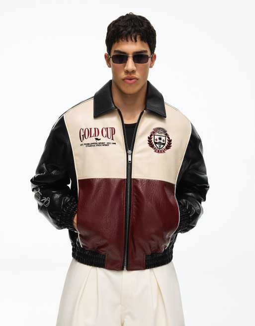 Bershka Graphic leather effect jacket in black, 4 of 4