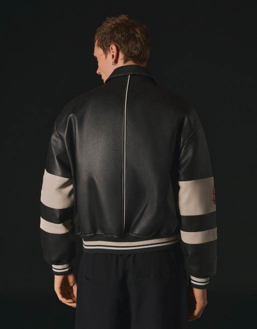 Bershka Graphic leather effect jacket in black, 4 of 4
