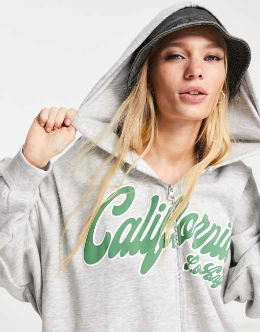 Bershka graphic logo oversized zip up hoodie in gray