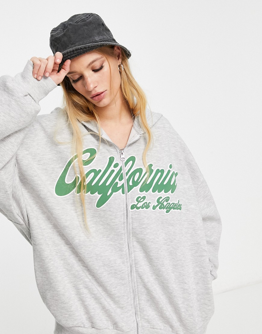 Bershka graphic logo oversized zip up hoodie in grey