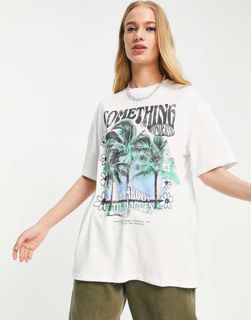 Bershka graphic print oversized tee in white ASOS