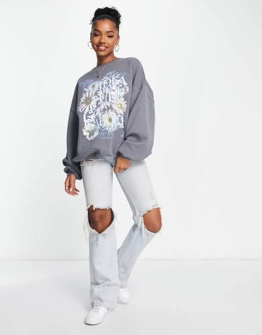 Bershka graphic logo oversized zip up hoodie in gray