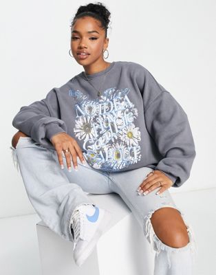 Bershka graphic print short sleeve oversized sweatshirt in grey