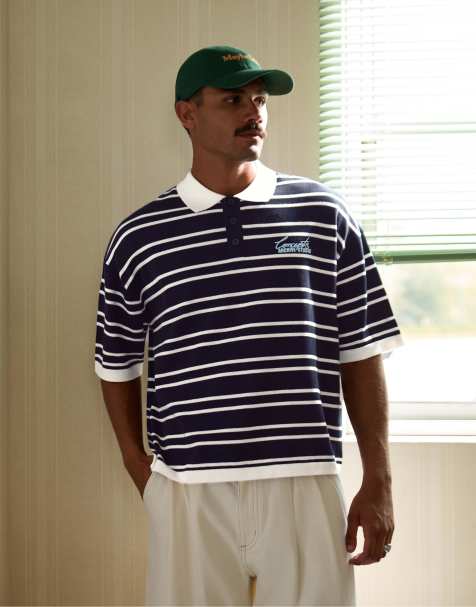 Bershka Graphic stripe polo shirt in blue - view 1