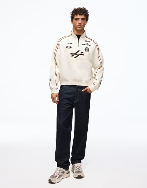 Bershka graphic trui met halve rits in wit, 7 van 7