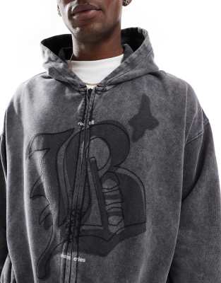 Bershka graphic zip up hoodie in washed black
