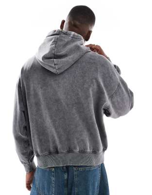 Bershka graphic zip up hoodie in washed black