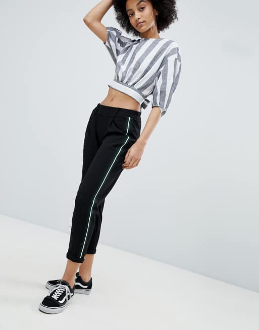 Bershka Green Side Stripe Peg Leg Trouser