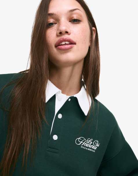 Bershka - Grøn sweater med print og polokrave - view 1