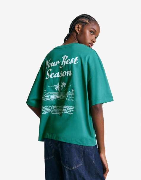 Bershka - Grøn T-shirt med korte ærmer og print - view 1