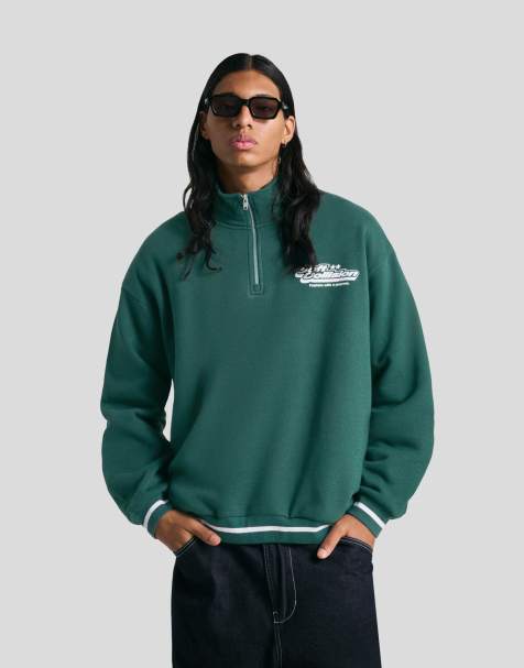 Bershka – Grön, sweatshirt med tryck och kvartslång dragkedja - view 1
