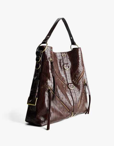 Bershka - Grote tas met studs en leer-effect in bruin - view 1