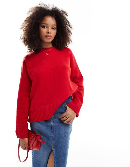 Bershka – Gruby czerwony sweter z okrągłym dekoltem