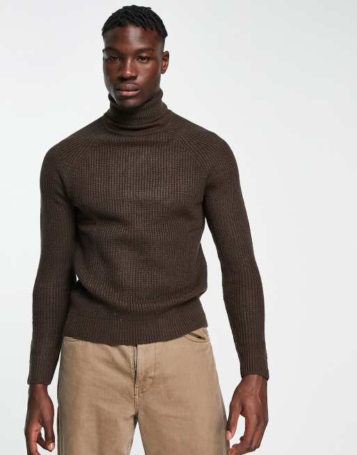 Bershka – Gruby dzianinowy sweter w czekoladowobrązowym kolorze