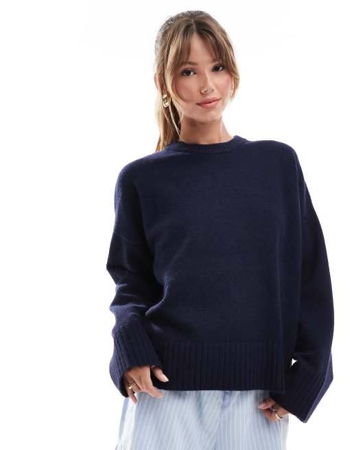 Bershka – Gruby granatowy sweter z okrągłym dekoltem