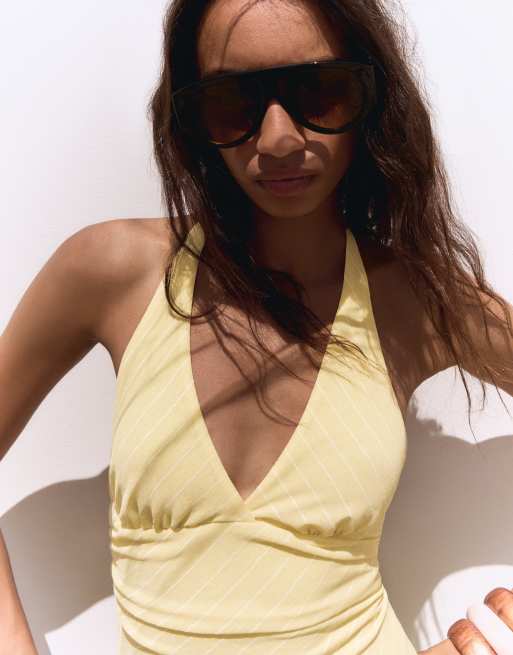 Bershka - Gul halterneck-minikjole med print, 3 af 4