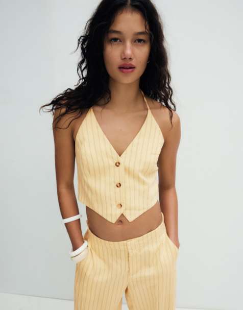 Bershka - Gul halterneck-overdel med striber - view 1