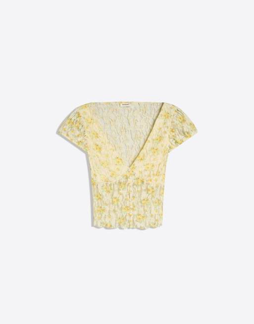 Bershka - Gul kortærmet blondetop, 4 af 4