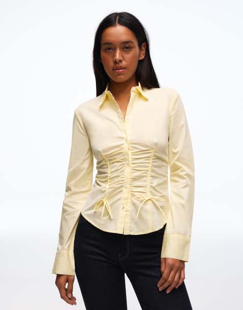 Bershka - Gul poplin-skjorte med rynkede detaljer - view 1