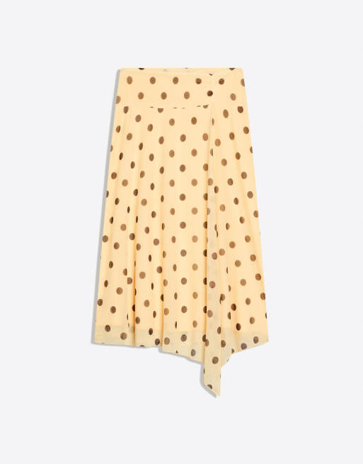 Bershka – Gul, prickig midikjol med asymmetrisk design, 4 av 4