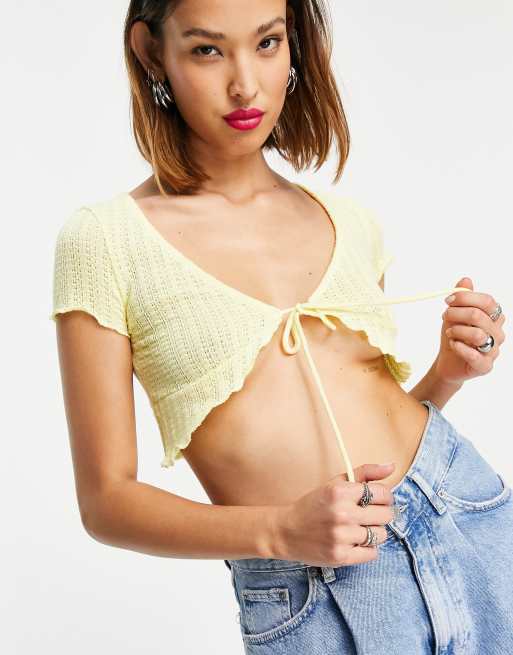 Bershka – Gul, stickad topp med knytning, 2 av 4