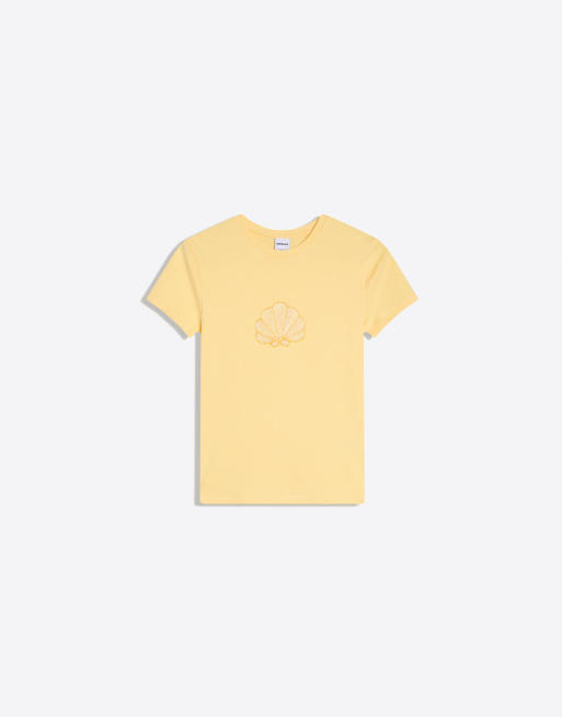 Bershka – Gul t-shirt med korta ärmar, tryck och pärlor, 3 av 4