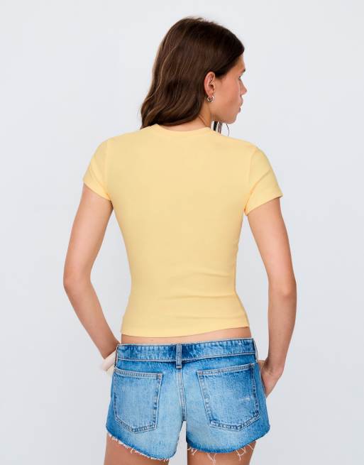 Bershka – Gul t-shirt med korta ärmar, tryck och pärlor, 4 av 4