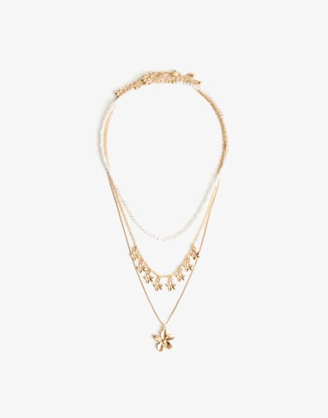 Bershka – Guldfärgade halsband med fuskpärlor och blommor, 3-pack - view 1