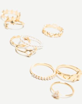 Bershka – Guldfärgade, tunna ringar med fuskpärla, 9-pack - view 1