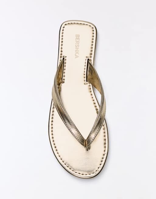 Bershka - Guldfarvede flade sandaler med tårem, 3 af 7