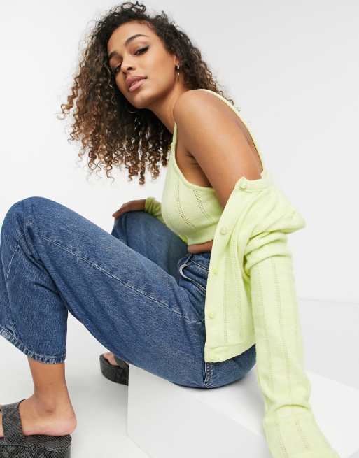 Bershka – Gult ribbat set med linne och kofta, 4 av 4
