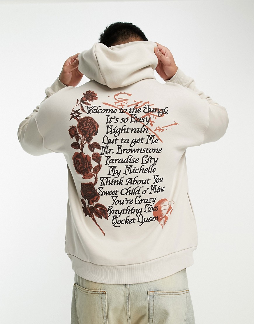 Bershka Guns N Roses printed hoodie in stone-Neutral