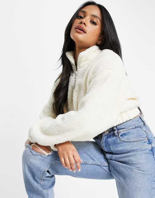 Bershka half zip fleece sweat co-ord in ecru ASOS