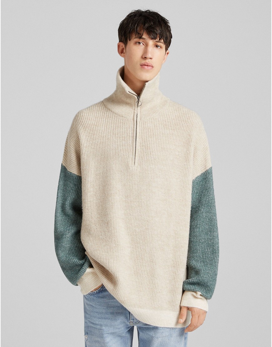 Bershka half zip knitted sweater in beige-Neutral