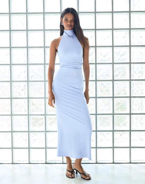 Bershka Halter maxi dress in light blue - view 1