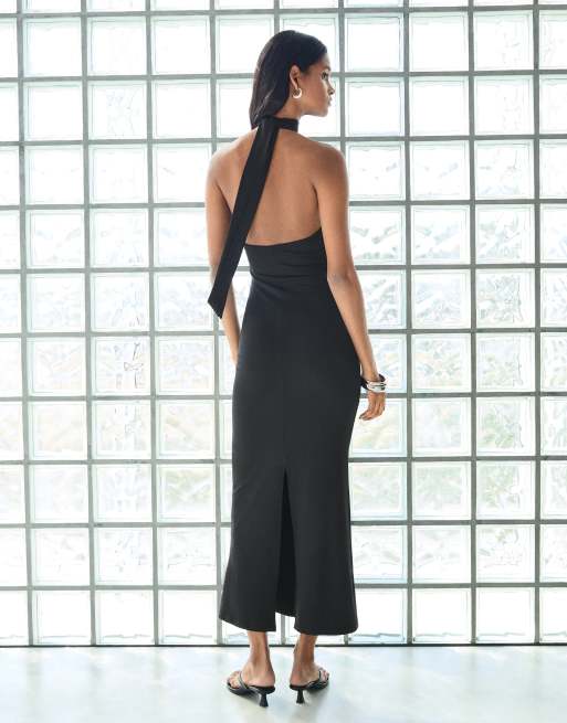 Bershka Halter midi dress in black, 3 of 5