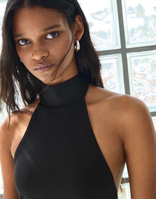 Bershka Halter midi dress in black, 4 of 5