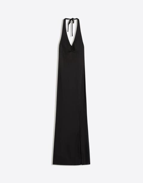 Bershka Halter midi dress with linen in black - view 1