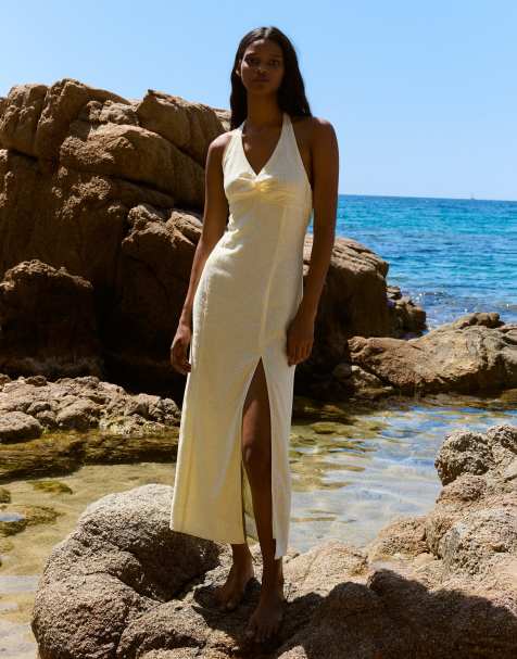 Bershka Halter midi dress with linen in yellow