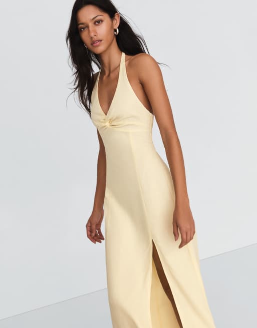 Bershka Halter midi dress with linen in yellow, 3 of 6