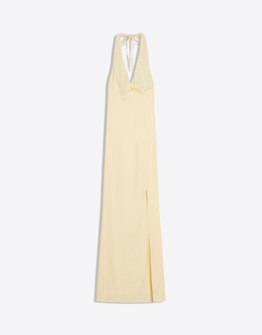 Bershka Halter midi dress with linen in yellow, 6 of 6