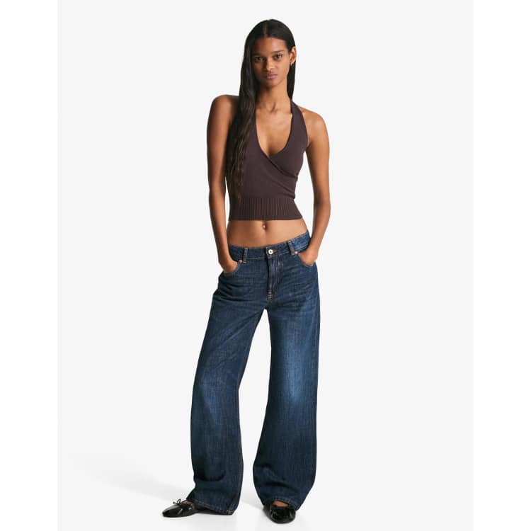 Bershka Halter neck crossover top in brown | ASOS