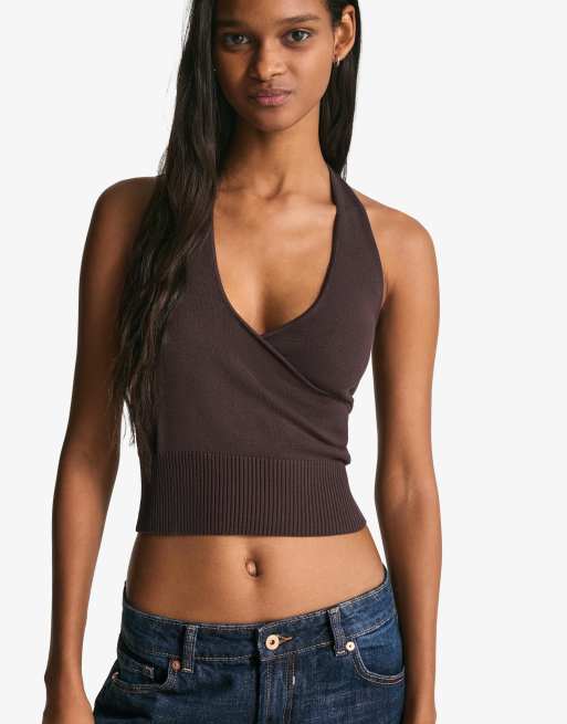 Bershka Halter neck crossover top in brown, 2 of 4