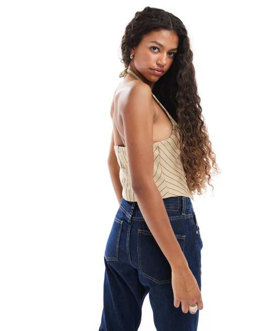Bershka halter neck linen blend vest in camel | ASOS