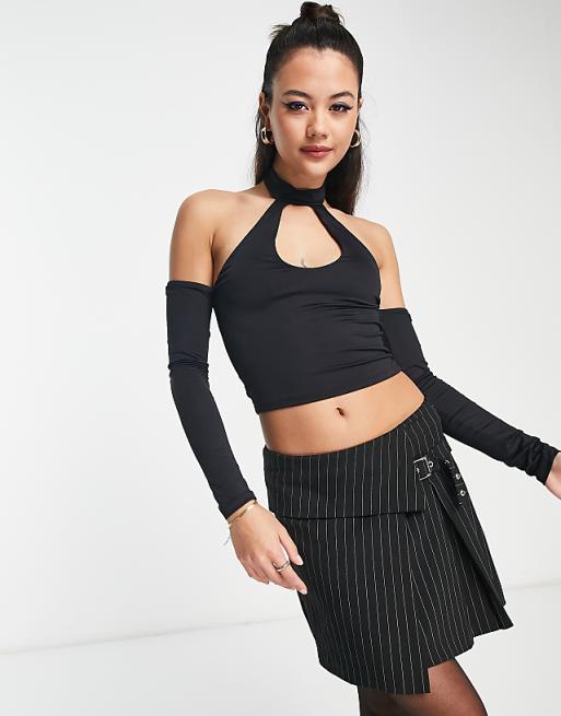 Bershka halter neck long sleeve crop top in black | ASOS Bershka halter neck long sleeve crop top in black | ASOS